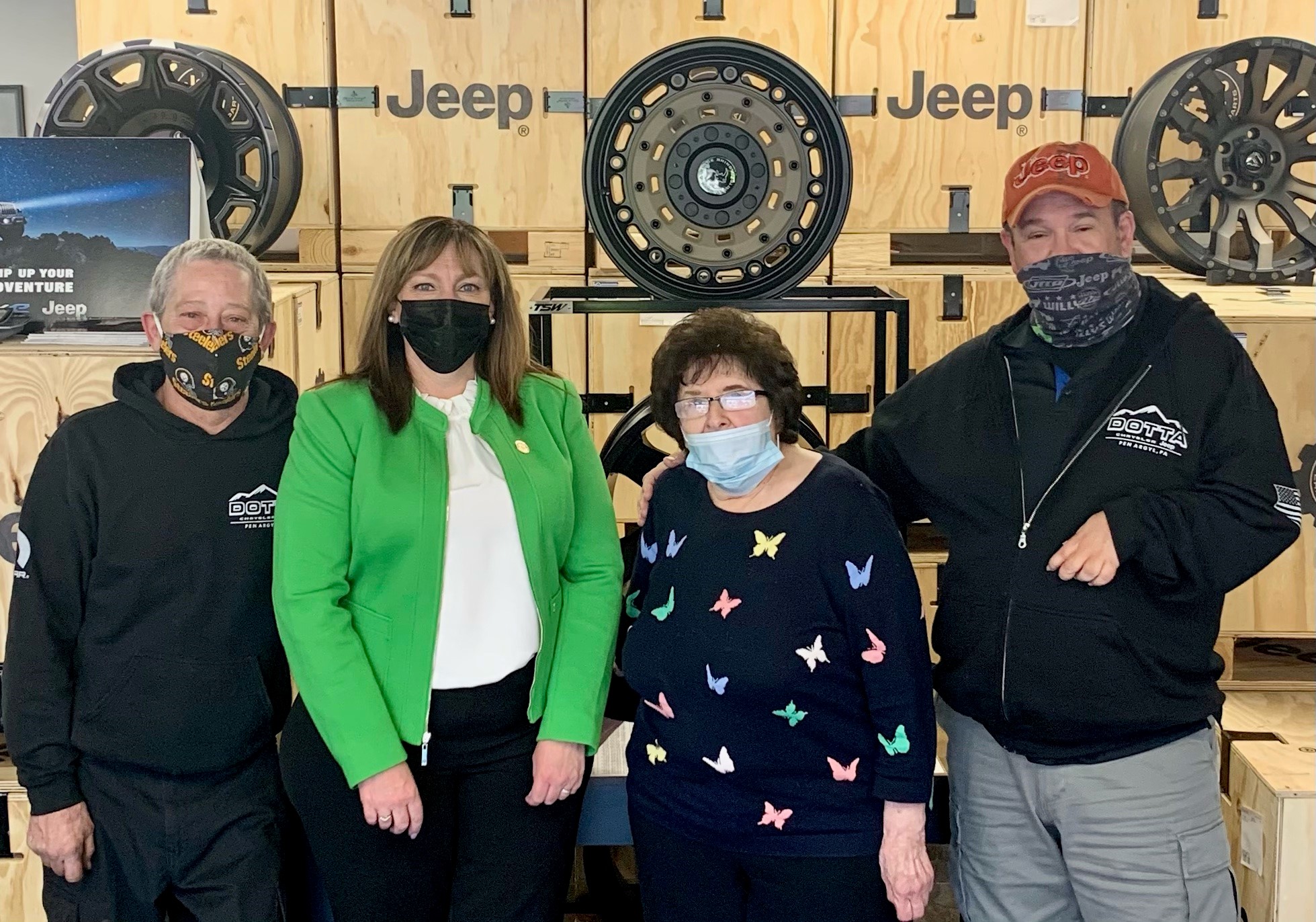 State Rep. Ann Flood (R-Northampton) visited Dotta Chrysler Jeep in Pen Argyl on Tuesday to learn about the negative effects the COVID-19 pandemic has had on the car dealership and its customers and workers. Pictured here are Head Mechanic Ted Ashenfalder, Flood, Executive Director Anita Dotta and Head of Sales Chris Walters.